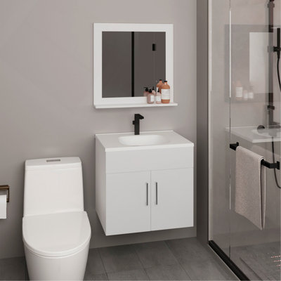 Bathroom Mirror Cabinet with Two Interior Shelves, Wall-Mounted Storage White