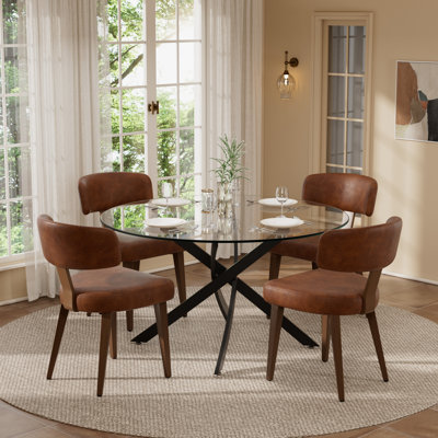 Modern Tempered Glass Dining Table Set With PU Leather Chairs, 36/47-Inch Kitchen Dining Set For 2/4/6 People, Contemporary Easy-To-Clean Dining Furniture Set