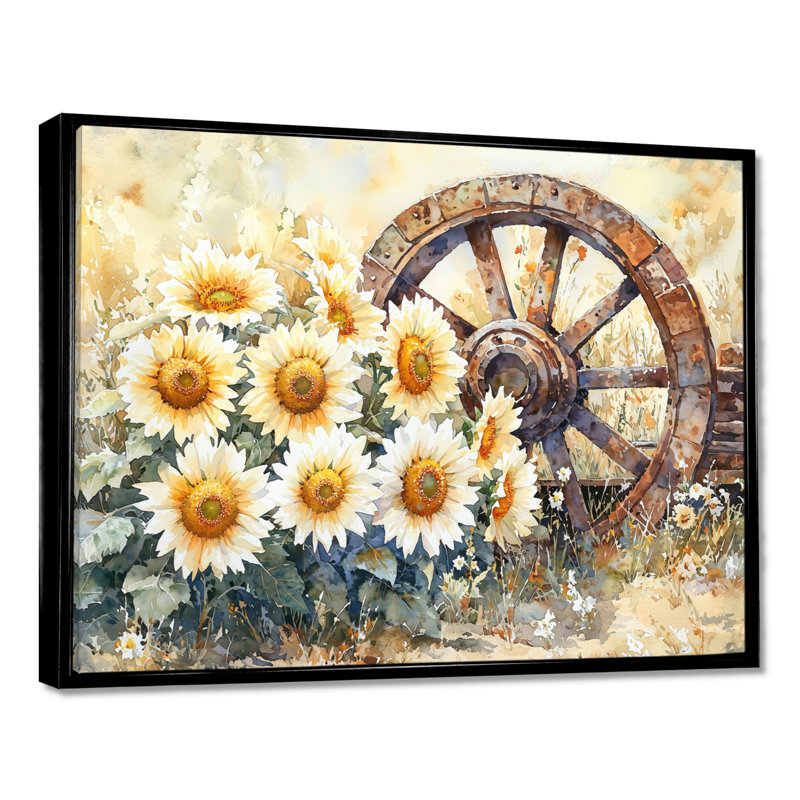 Doten tournesols par roue de chariot, H 12 po x l 20 po, Impression encadrée flottante, Noir, noir, noir, noir