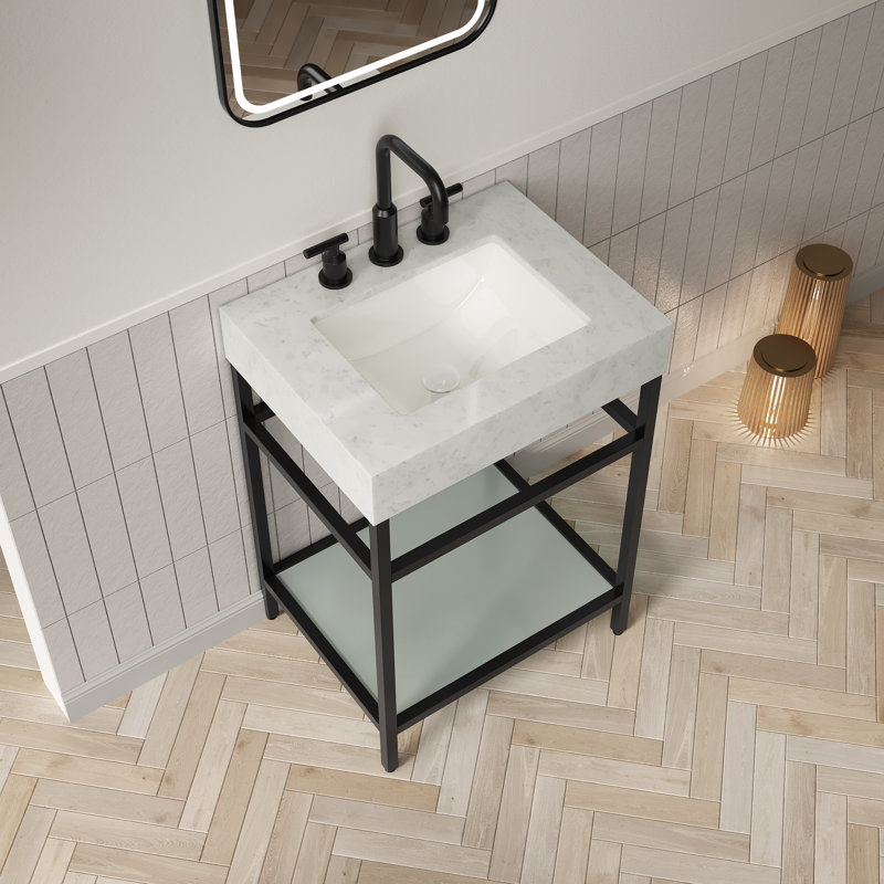 Plan de travail ASO 24 avec bordure en marbre artificiel, lavabo encastré en céramique avec 3 trous de robinetterie, support autoportant en acier inoxydable avec tablette en verre trempé, couleur noir