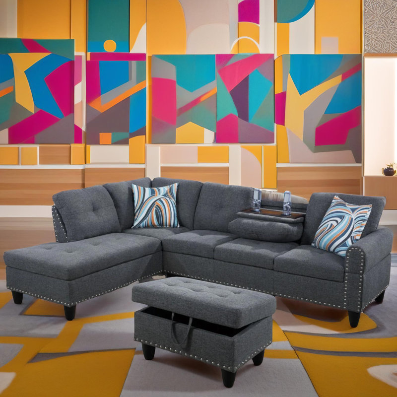 Opal Grey Linen Left-Facing Sectional 3-Piece Sofa Living Room Sofa Set, Left Hand Facing