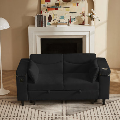 Canapé-lit convertible en chenille noir avec table d'appoint et port USB, parfait pour la vie moderne et les chambres d'amis.