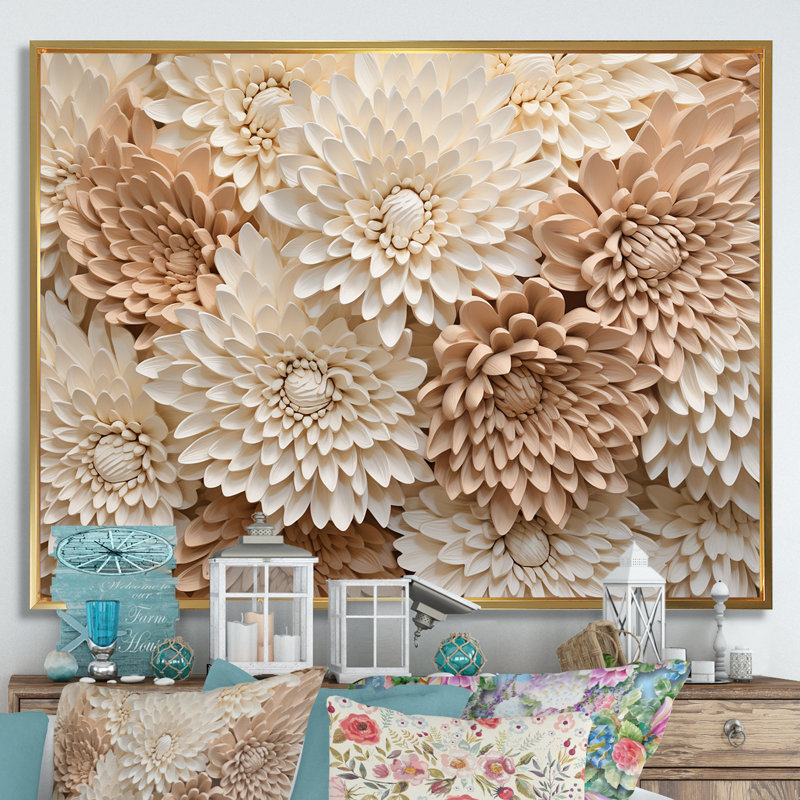 «Pure White Chrysanthemums Mosaic III», art mural sur toile Chrysanthemums, H 24 po x l 32 po x P 1 po, Cadre flottant doré