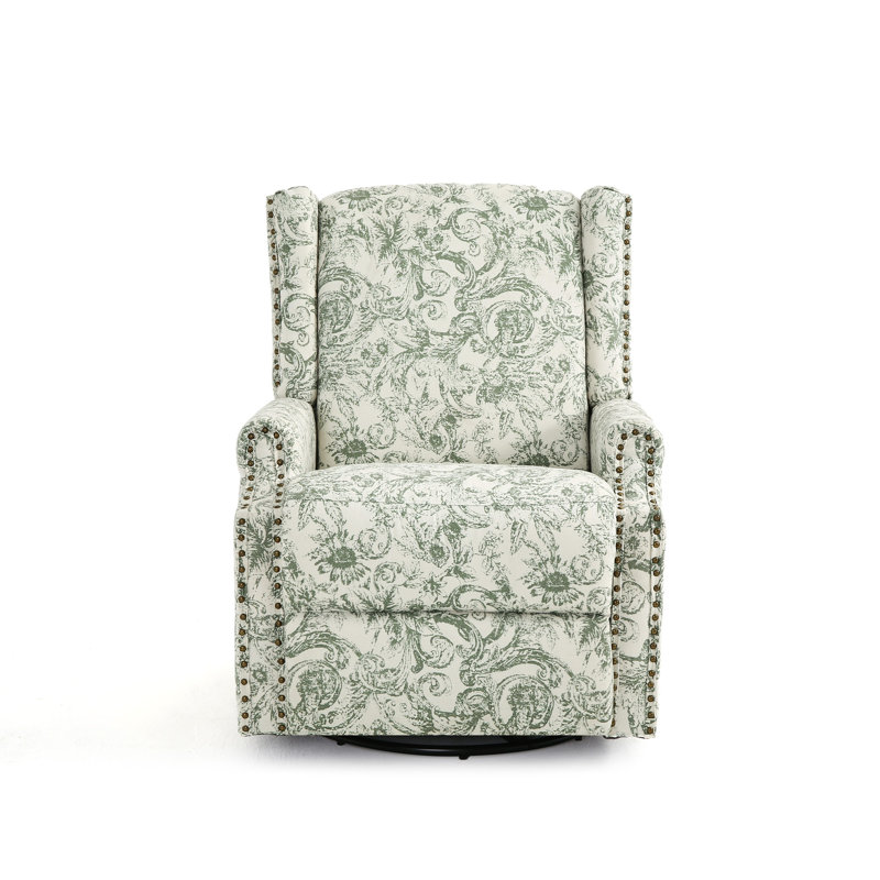Upholstered Classic Wing Back Manual Handle Swivel Rock Glider Recliner with Naihead Trims, Rococo Green