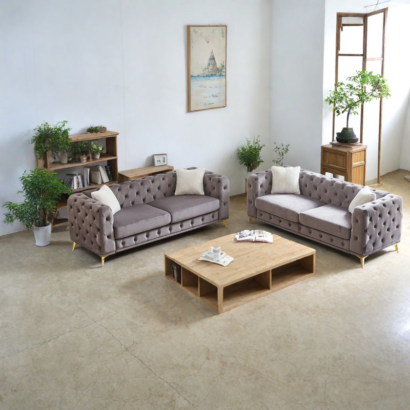 Compression 3 Seater Sofas, Grey Velvet Modern Tufted Set For Home