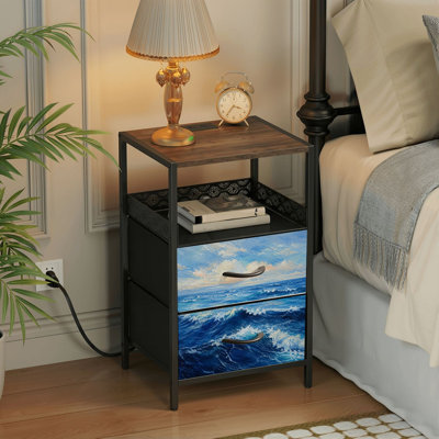 Table de chevet 2 tiroirs avec station de charge, table de chevet pour chambre à coucher avec ports USB, tablette ouverte noire, table de chevet avec peinture de vagues océaniques
