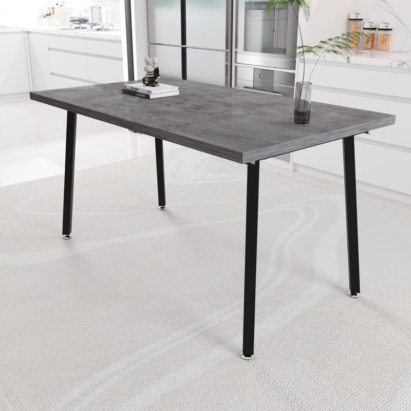 Table de salle à manger rectangulaire moderne, extensible, de couleur grise, pieds en métal noir, style industriel médiéval pour les repas familiaux extensibles de la vie quotidienne