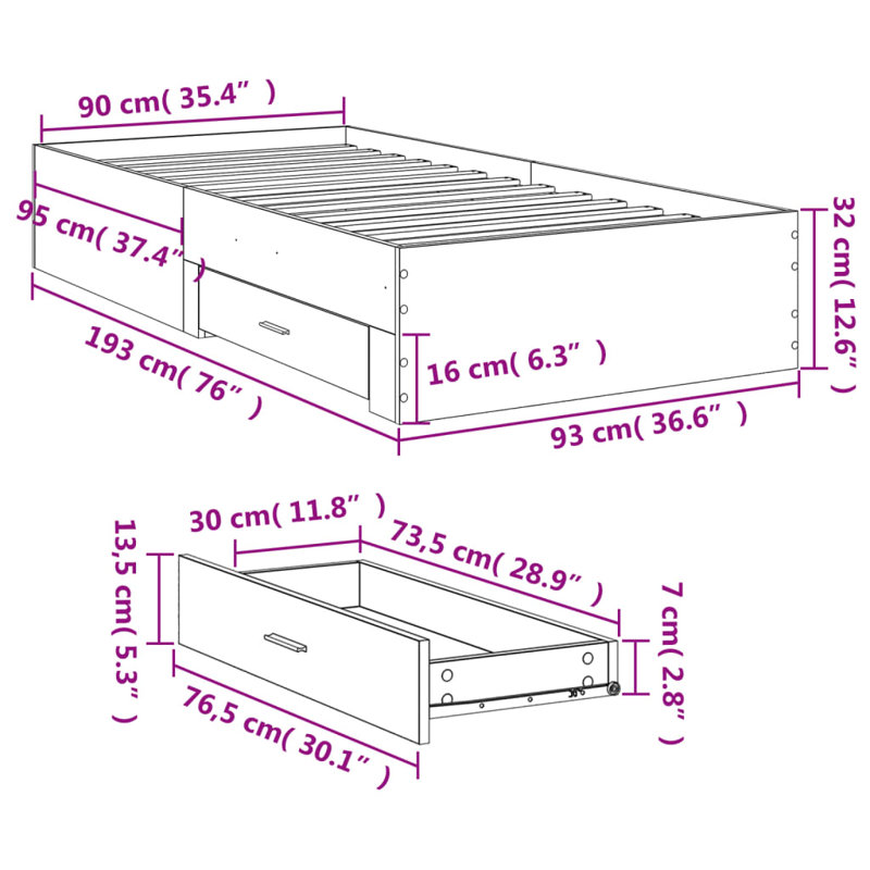 Vidaxl Bed Frame With Drawers Concrete Grey Engineered Wood, Single (3')