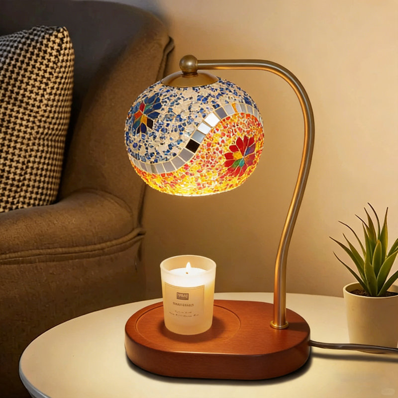 Lampe de table mosaïque en verre avec base en bois, lampe décorative H 11,8 po avec ampoule Gu10