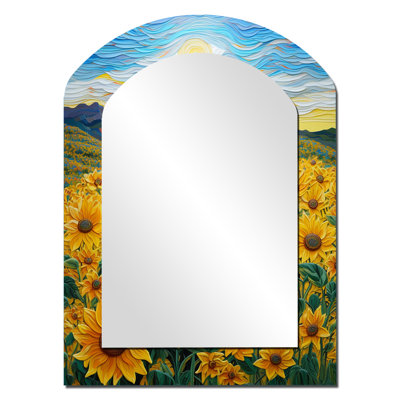 Vangogh Style Sunflowers Mountains - Sunflowers Arch Decorative Mirror, Traditional Asymmetrical Wall Mirror, Printed Metal Art