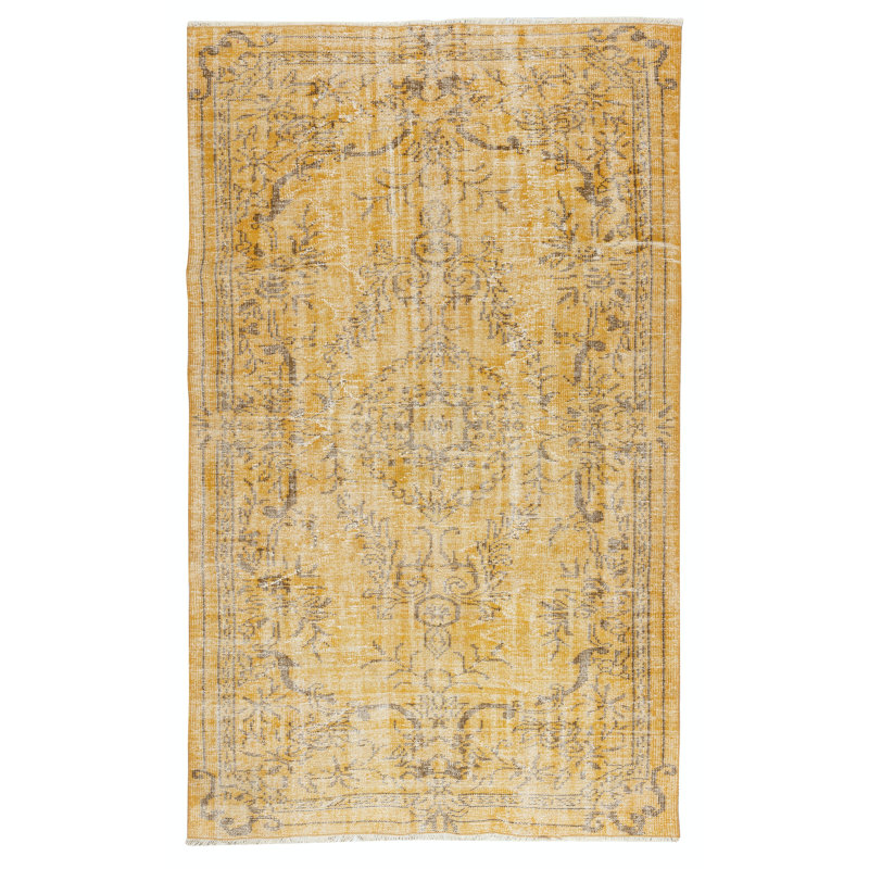 Tapis jaune en laine surteint de 5 pi x 8 pi. Tapis turc rétro fait à la main pour le salon