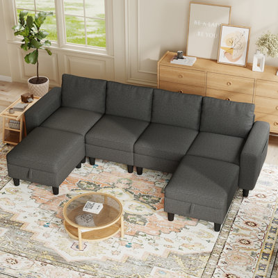 110" Modular Sectional Couches With Adjustable Backrest For Living Room, U Shaped Sectional Sofa With Storage Ottoman (Dark Grey)