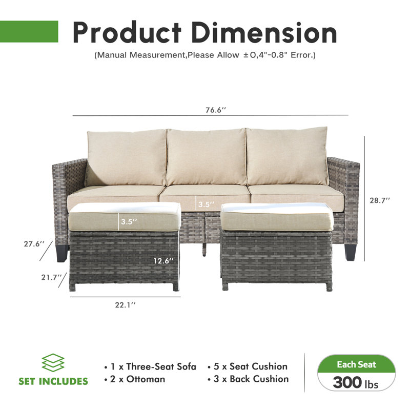 Allcot 3 - Person Wicker Rattan Outdoor Seating Group with Pillows, Cushions and Ottomans, All Weather High Back Conversation Set for Garden Backyard