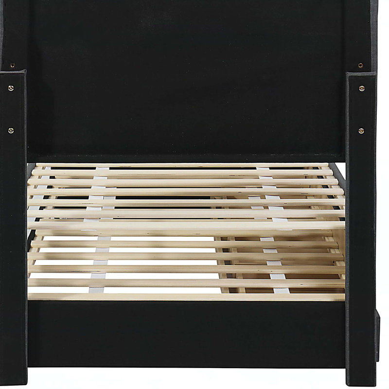 Lit plateforme tapissier simple avec lit gigogne et 3 tiroirs, tissu en lin, gris, Gris