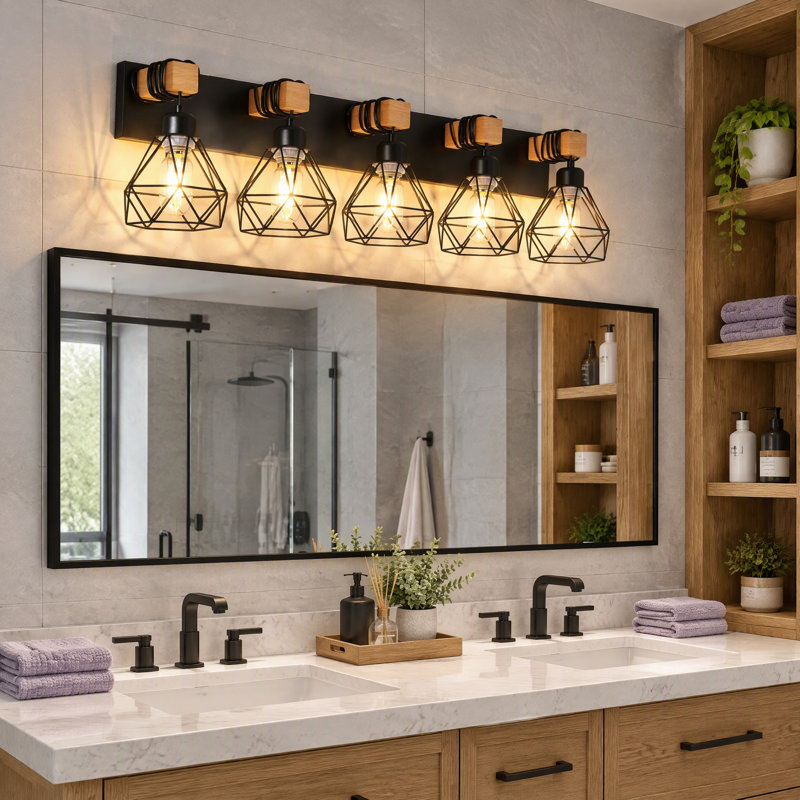 Applique murale de salle de bain de style ferme, 5 lumières, 35 po, noir et grain de bois, abat-jour en métal diamant
