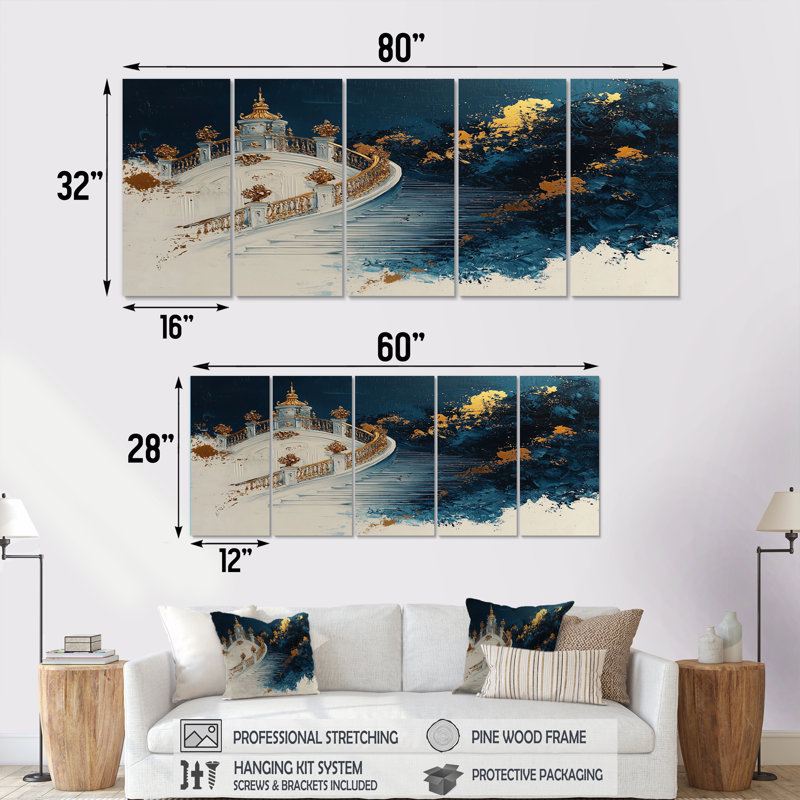 Oasis décorative bleue et blanche, temple thaïlandais II - ensemble d'art abstrait sur toile florale, H 32 po x l 80 po