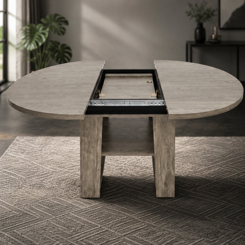 Table de salle à manger ronde extensible de 110 à 150 cm pour 4 à 6 personnes, table de cuisine ronde transformable en ovale avec rallonge intégrée rabattable, piètement stable en forme de H et tablette de rangement, grise