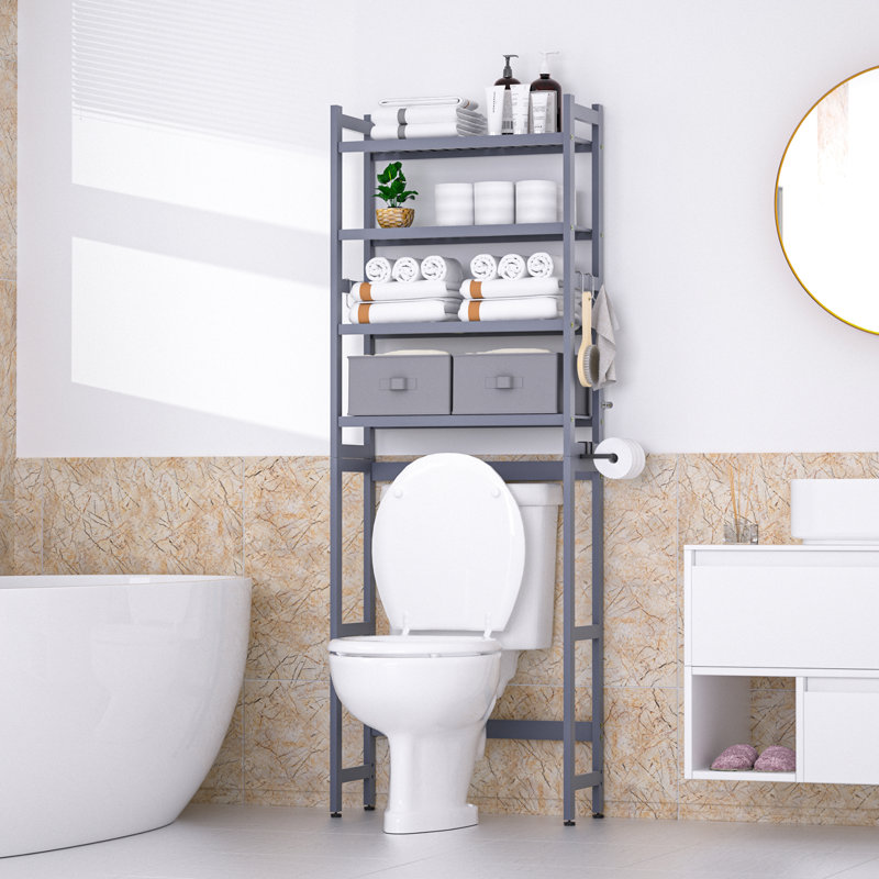 4-tier  Over The Toilet Storage Organizer Rack Freestanding Shelf  Bamboo, Gray