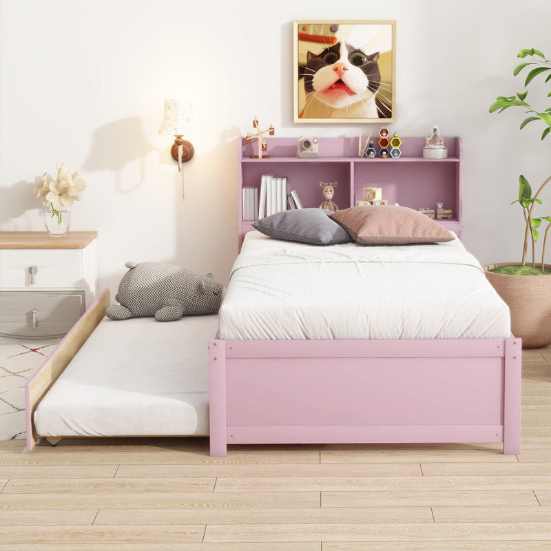 Twin Bed with Trundle and Bookcase Headboard, Pink