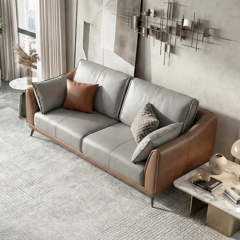 Élégant canapé 60 po en similicuir avec coussins gris et structure brune, canapé de salon moderne, canapé-lit (2 places), 2