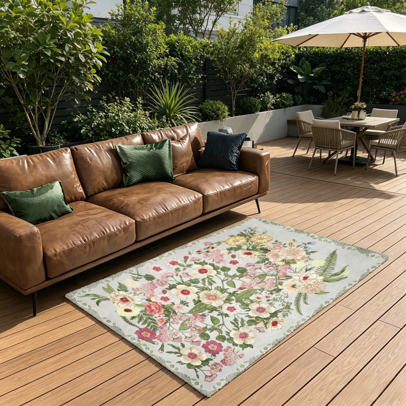 Vintage Floral Bouquet Area Rug, 5' x 7' for Outdoor Balcony & Dining Room, Gray