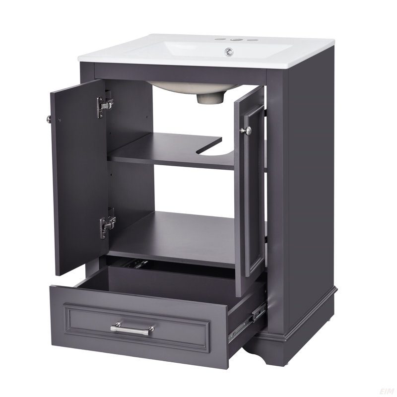 24'' Bathroom Vanity With Ceramic Sink Combo, Modern Freestanding Storage Cabinet  With Silver Handles,  Soft Closing Doors