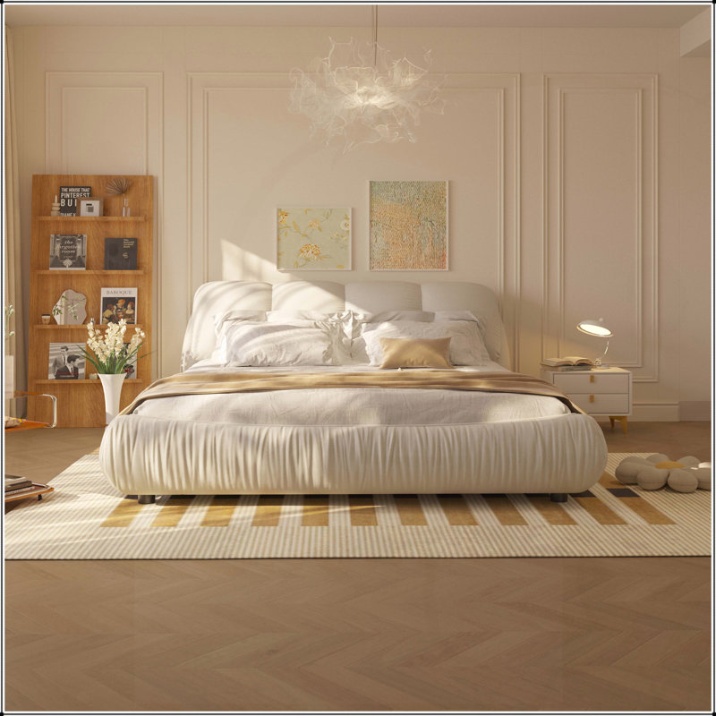 Très grand lit plateforme tapissier très grand avec dossier rembourré surdimensionné et structure en bois massif, convient à plusieurs hauteurs de matelas, beige