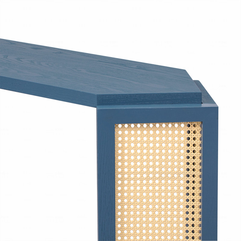 Console étroite avec plateau unique irrégulier, table d'entrée avec tablette ouverte, canapé en rotin, Bleu