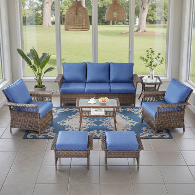 Anferney 7-Pieces Wicker Outdoor Patio Furniture Set With Lounge Chair, Side Table And Ottoman