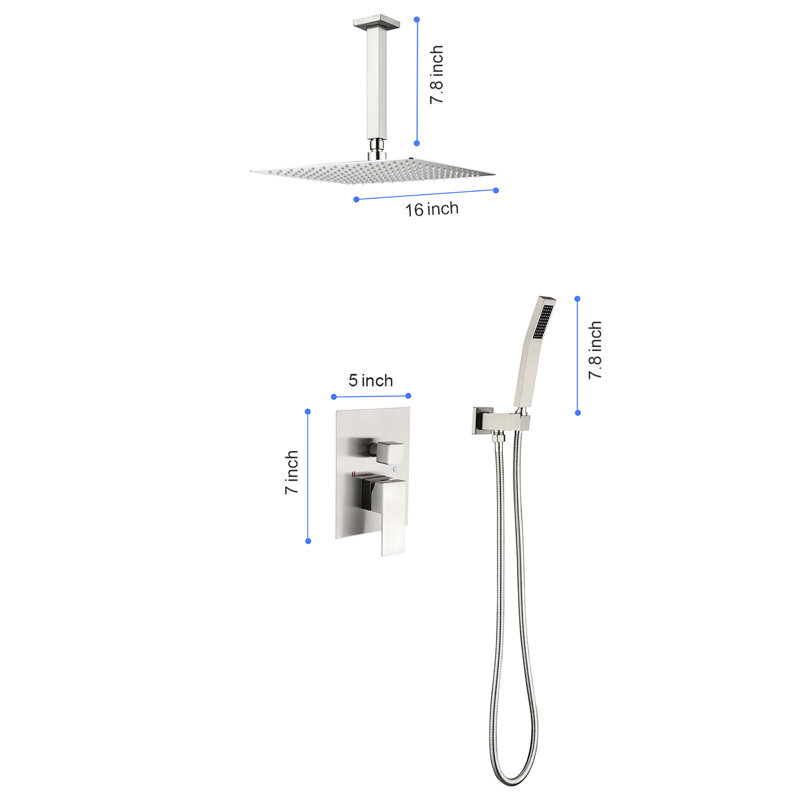Système de pomme de douche à fixation au plafond, 16 po, laiton et acier inoxydable, nickel brossé, douche de salle de bain, support de massage continu - Accessoire élégant en nickel