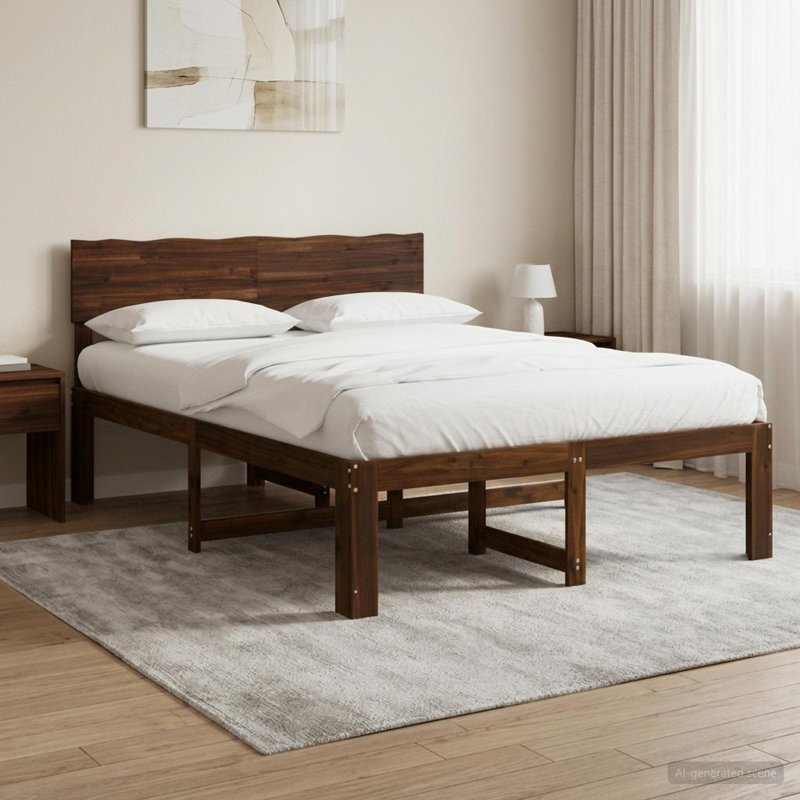Solid Wood Bed Frame, 140 x 190cm, Dark Brown