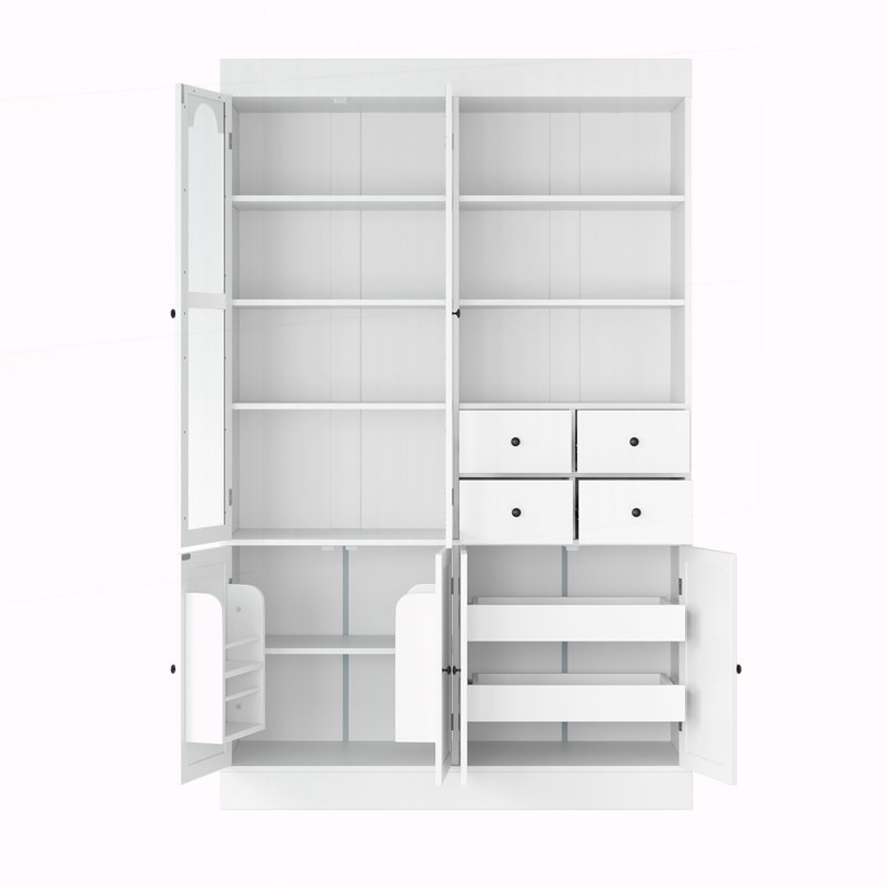 Freestanding Buffet with Hutch, Tall Kitchen Pantry Cabinet with 4 Drawers, White