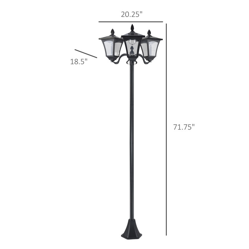 Outsunny 72" Solar Lamp Post, Triple-Head Street Light, All-Weather Waterproof Stainless Steel, Vintage Style for Garden, Lawn, Pathway, Driveway, Black