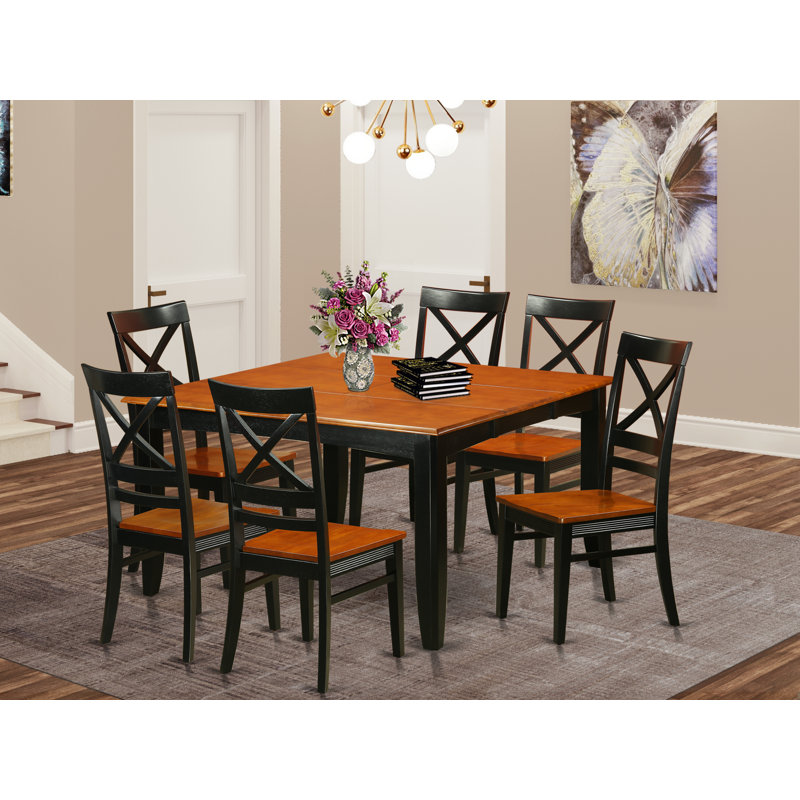 Ensemble de table de salle à manger 7 pièces composé d'une table carrée en bois avec rallonge papillon et 6 chaises de cuisine, 54 x 54 pouces, noir et cerise