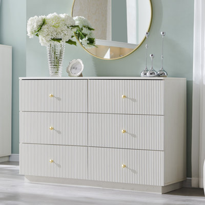 Aberdeen Fluted 6-Drawer Dresser, 47" Wide Dresser Storage Organizer, Chest of Drawers with Deep Storage, Modern Bedroom Chest for Closet Hallway, Entryway, Living Room, White