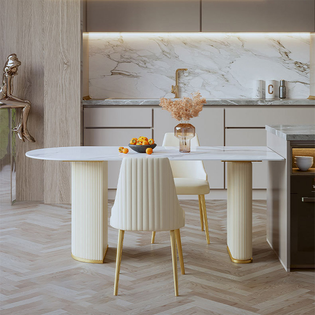 George Oliver White Semi-Circle Sintered Stone Tabletop Dining Table ...
