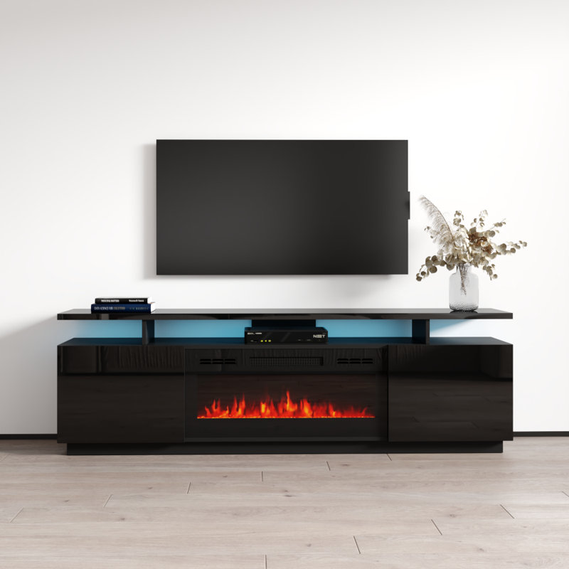 Burkard 71" Modern TV Stand with Electric Fireplace, High Gloss Finish, Media Storage, Black