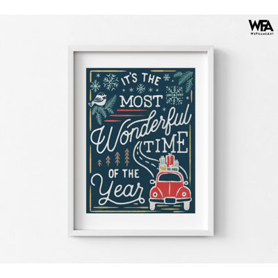 Christmas Wall Art Most Wonderful Time Red Car Retro Xmas Poster Framed Rustic Statement Festive Holiday Print Bedroom Decoration