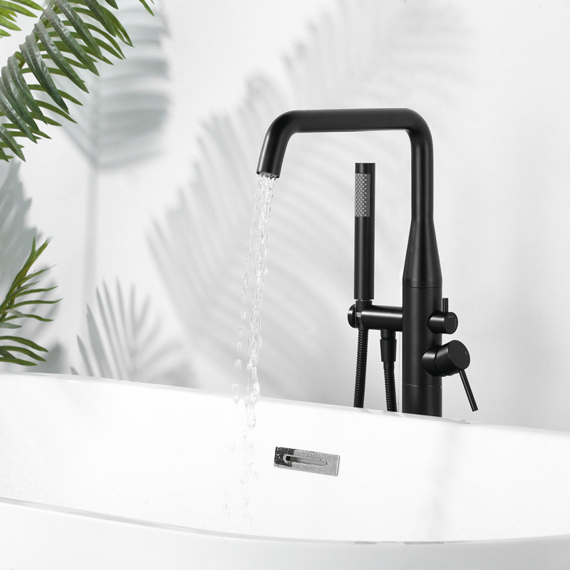 Double Handle Floor Mounted Freestanding Tub Faucet With Handheld Shower In Matte Black, Matte Black