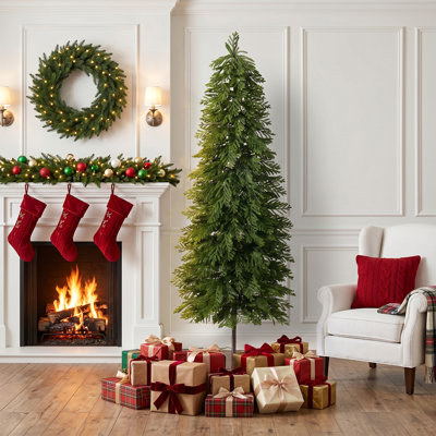 Grand 6ft Artificial Norfolk Island Pine Christmas Tree - Includes 170 Warm White LED Lights - Modern Slim Faux Pine Tree with Heavy-Duty Iron Plate Base for Elegant Holiday Decor