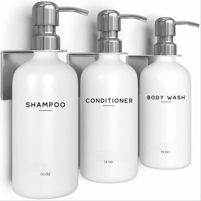 Ensemble de distributeur de luxe pour shampooing et revitalisant mural - Distributeur de shampooing réutilisable pour une utilisation murale dans la salle de douche - Bouteilles de douche à trois compartiments sans perçage, convenant aux salles de bain d'invités, Airbnb, hôtels (blanc)