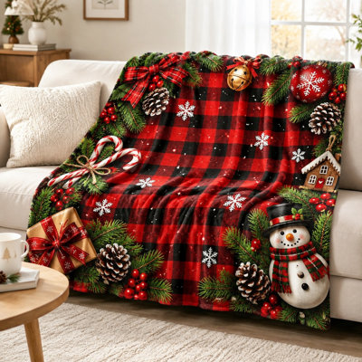 Cozy Christmas Plaid Snowman Blanket, Festive Buffalo Check Throw for Sofa, Couch, Bedroom, Living Room Home Decoration