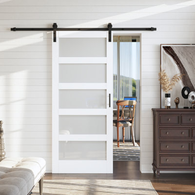 84"H x 30"W 5 Lites Glass White Wood Sliding Barn Doors Installation Hardware Kit Pre-finished Surface