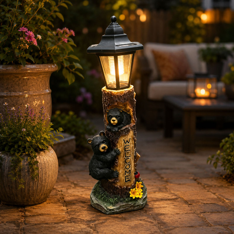 Statue de jardin solaire ours solaire, signe de bienvenue