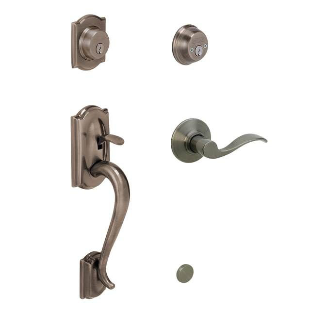 Camelot Handleset with Double Cylinder Deadbolt and Door Knob and Rosette, Antique Pewter, Left