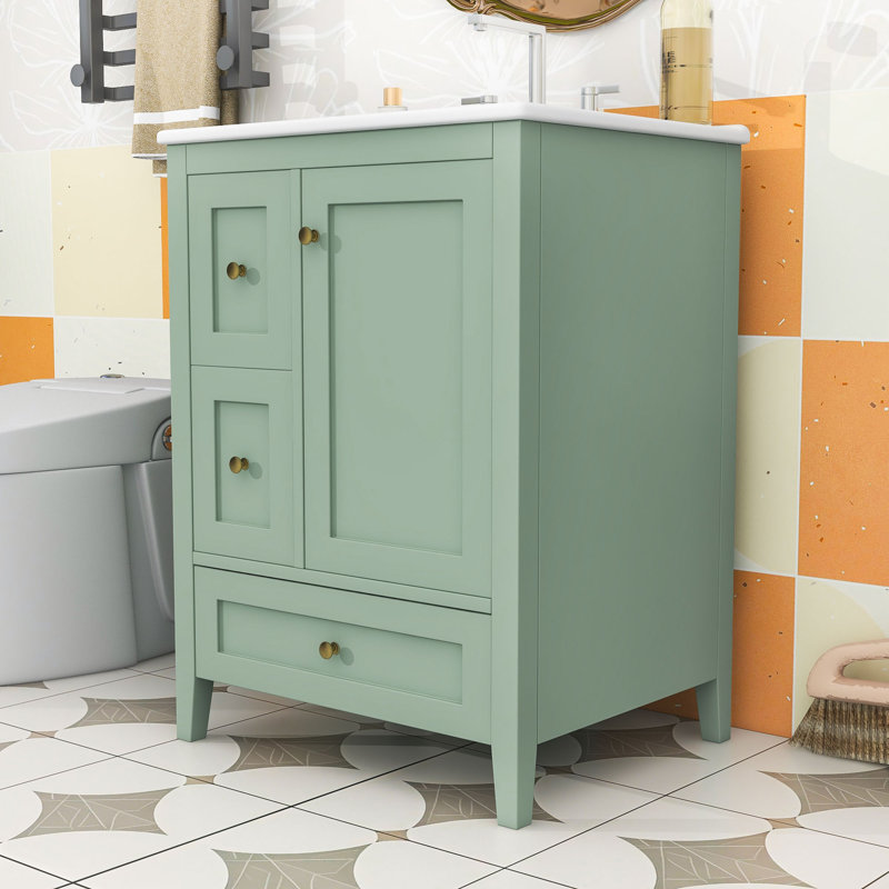 Armoire de meuble-lavabo 24 po avec tablette réglable et 3 tiroirs, Vert foncé, Doré