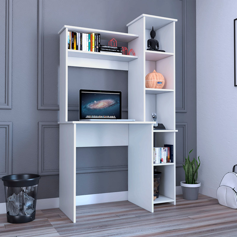 Bureau d'écriture, deux tablettes supérieures, cinq casiers, Blanc