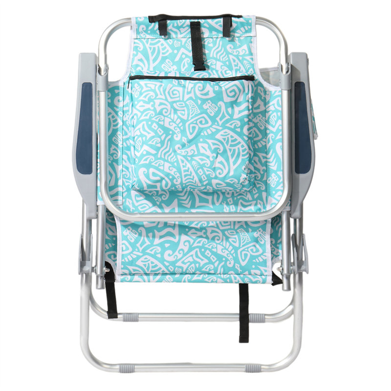 Aluminum Beach Chair, 5-Position Reclining Folding Lounge Chair With Cooler Bag, Teal Tribal Pattern, Cup Holder & Side Pocket, 15" Seat Height, 265 Lbs Capacity, 1-Pack