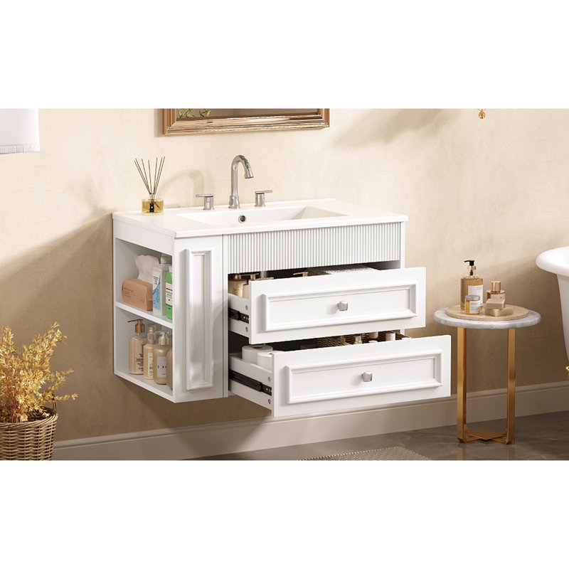 Meuble-lavabo mural de 30 po, armoire de rangement flottante avec 2 tiroirs, lavabo simple en céramique à 3 trous, armoire moderne.