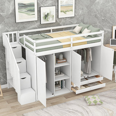 Lit mezzanine fonctionnel avec 3 tablettes, 2 armoires et 2 tiroirs